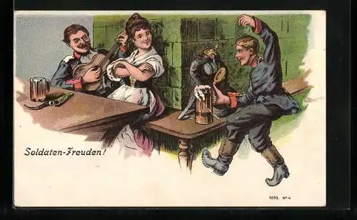 AK Soldaten trinken Bier bei Gitarrenmusik, 1. Weltkrieg