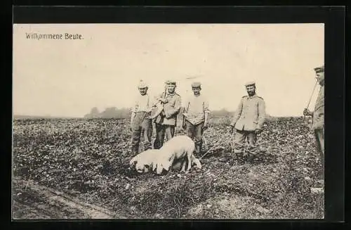 AK Soldaten in Uniform mit zwei Schweinen, 1. Weltkrieg