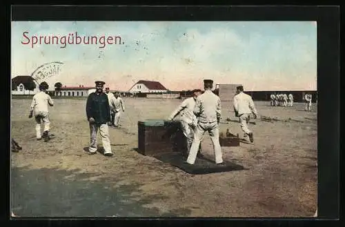 AK Soldaten in Drillichuniform bei Sprungübungen auf dem Kasernenhof
