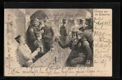 AK Gruss aus der Kaserne, Soldaten trinken Bier in der Kantine, 1. Weltkrieg