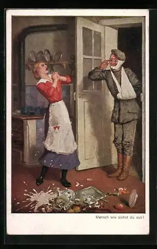 AK Mensch, wie siehst du aus!, Frau lässt beim Anblick eines verletzten Soldaten Tablett mit Geschirr fallen