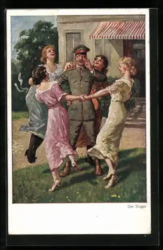 Künstler-AK Der Sieger, Fräuleins tanzen um Soldaten