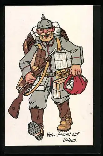 AK Soldat mit Paketen und Gewehr, 1. Weltkrieg