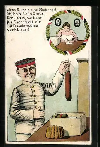 AK Soldatenhumor, Soldat erhält Paket von seiner Mutter mit Wurst, Kuchen und Zigarren
