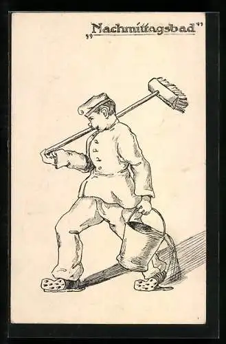 AK Soldat in Uniform mit Eimer und Schrubber, 1. Weltkrieg