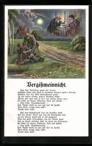 AK Vergissmeinnicht, Aus dem Vaterhaus..., Soldat stützt Kameraden bei Mondschein, 1. Weltkrieg