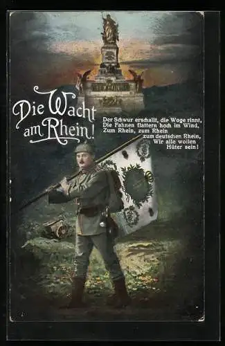 AK Die Wacht am Rhein!, Der Schwur erschallt..., Soldat mit Fahne, Niederwalddenkmal