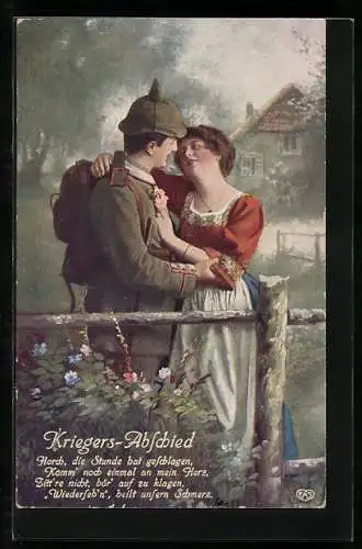 AK Kriegers Abschied, Horch, die Stunde hat geschlagen..., Soldat mit seiner Frau, Soldatenliebe