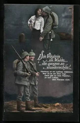 AK Die Vöglein im Walde, die sangen so wunderschön!, Soldat küsst seine Frau, Soldatenliebe