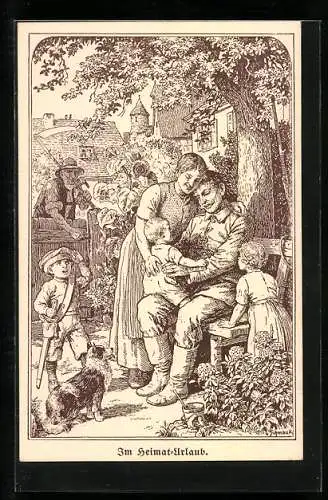 AK Soldat mit Frau und Kindern im Heimat- Urlaub, Soldatenliebe