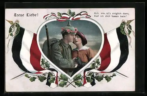 AK deutsche Fahnen, Soldat beim Abschied von seiner Frau, Treue Liebe!