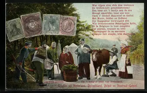 AK Bauern und Soldaten an der niederländisch-deutsch-belgisch-neutralen Grenze, Briefmarken aus den 4 Ländern