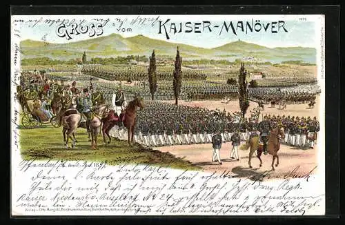 Lithographie Kaiser-Manöver, Parade auf dem Feld, Pferde