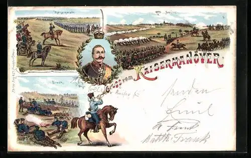 Lithographie Kaisermanöver, Kaiserparade, Manöver, Biwak