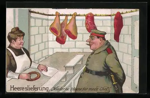 AK Heereslieferung, Soldat holt Wurst für seinen Chef, Kriegsnot