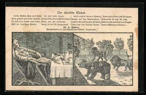 AK Deutscher Michel fürchtet sich nicht vor russischem Bären und englischem Löwen