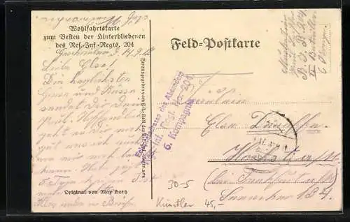 Künstler-AK Wohlfahrtskarte zum Besten der Hinterbliebenen des Res.-Inf.-Regts. 204