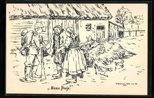 Künstler-AK Bauern unterhalten sich mit einem deutschen Soldaten