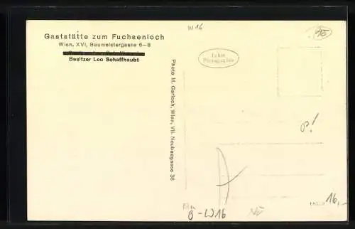 AK Wien, Gaststätte zum Fuchsenloch, Baumeistergasse 6-8, Blick in den Schankraum