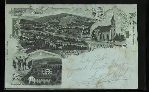 Mondschein-Lithographie Wien, Kordon`s Restaurant mit Meierhof, Kirche