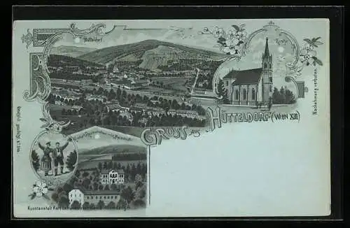 Mondschein-Lithographie Wien, Kordon`s Restaurant mit Meierhof, Kirche