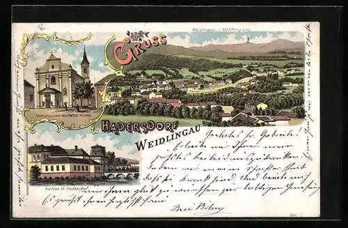 Lithographie Wien, Hadersdorf-Weidlingau, Schloss, Mariabrunner Wallfahrts-Kirche, Ortsansicht