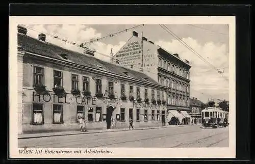 AK Wien, Eichenstrasse mit Arbeiterheim, Strassenbahn