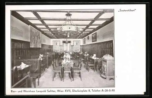 AK Wien, Bier- und Weinrestaurant Leopold Salitter am Elterleinplatz 8, Innenansicht des Sauterstüberls