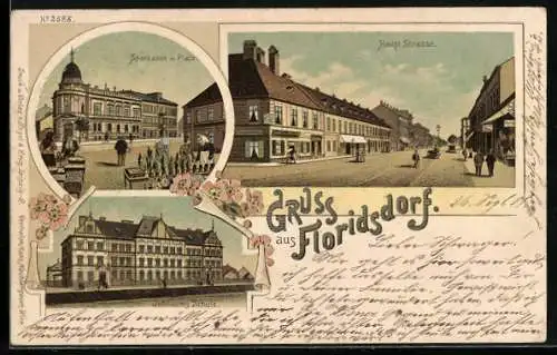 Lithographie Wien-Floridsdorf, Jubiläums-Schule, Haupt-Strasse, Sparkasse mit Platz