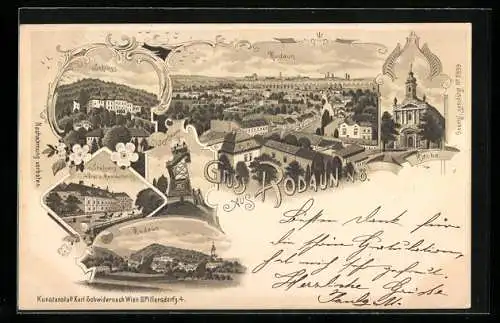 Lithographie Wien, Rodaun, Kirche, Schloss, Steler`s Hotel, Josefswarte