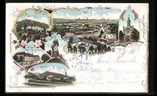 Lithographie Wien-Rodaun, Schloss, Stelzer`s Hotel u. Restauration, Josefswarte, Kirche, Panorama