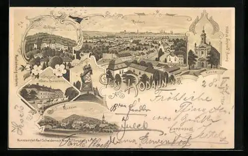 Lithographie Wien, Rodaun, Kirche, Schloss, Steler`s Hotel, Josefswarte