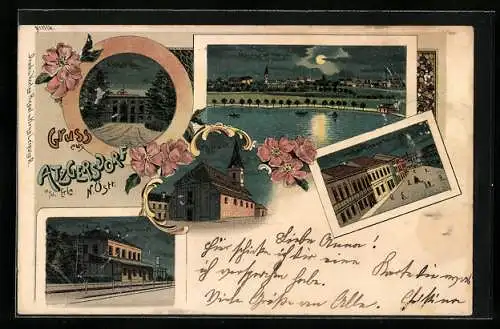 Lithographie Wien, Atzgersdorf a. d. Erla, Bahnhof, Breitenfurter Strasse, Kirche