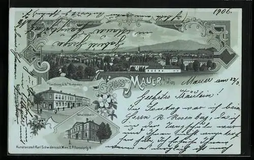 Mondschein-Lithographie Mauer b. Wien, Gemeindehaus, Handlung J. B. Winterstein, Ortsansicht