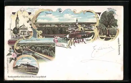 Lithographie Mauer b. Wien, Marienhaus, Kirche, Promenade zum Wald