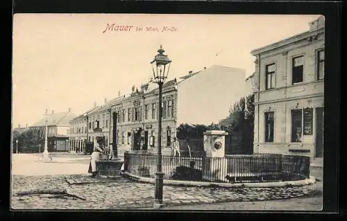 AK Mauer bei Wien, Ortspartie mit Brunnen