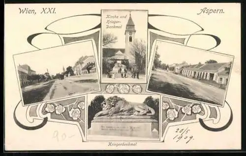 AK Wien-Aspern, Kirche und Kriegerdenkmal, Strassenpartie