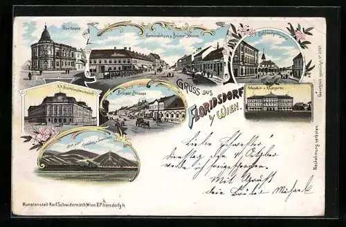 Lithographie Wien-Floridsdorf, Sparkasse, Gemeindehaus und Brünner Strasse, Schlosshofergasse
