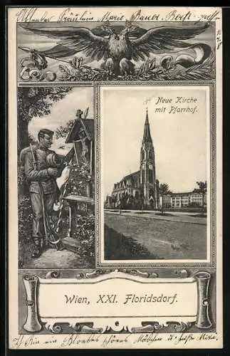 AK Wien, Floridsdorf, Neue Kirche mit Pfarrhof, Soldat am Marterl