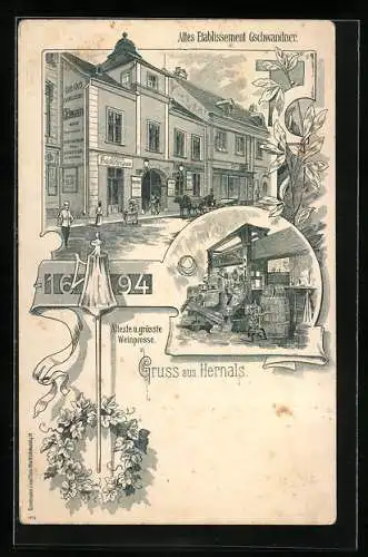 Lithographie Wien, Hernals, Gasthaus Gschwandner, Alte Weinpresse