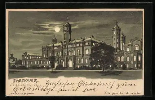 Mondschein-Lithographie Hannover, Technische Hochschule, Halt gegen das Licht: beleuchtete Fenster und Vollmond