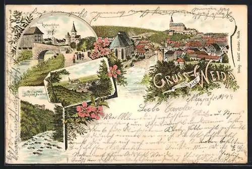 Lithographie Weida / Thür., Katzschtor, Restaurant Schöne Aussicht