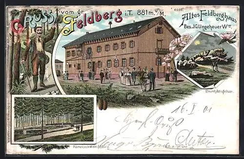 Lithographie Feldberg i. T., Gasthof Altes Feldberghaus, Römercastell, Brunhildisfelsen