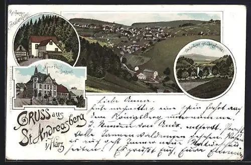 Lithographie St. Andreasberg i. Harz, Gasthof Rehberger Grabenhaus, Neue Post, Ortsansicht