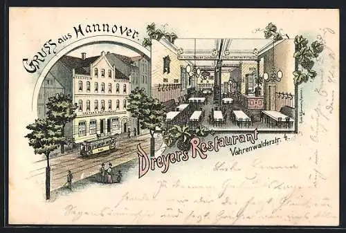 Lithographie Hannover, Dreyers Restaurant, Vahrenwalderstrasse 4, Strassenbahn