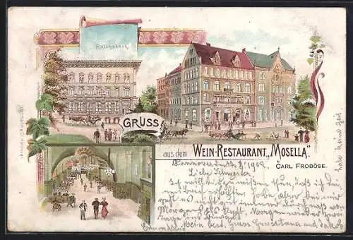 Lithographie Hannover, Gasthaus Mosella, Strassenansicht mit Reichsbank, Innenansicht