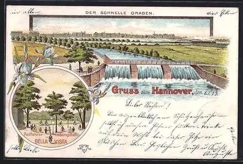 Lithographie Hannover, Der Schnelle Graben, Radfahrer-Übungsbahn in Bella Vista