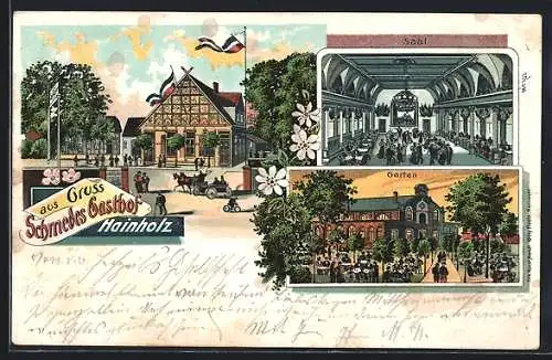 Lithographie Hannover-Hainholz, Schmedes Gasthof, Aussenansicht, Garten und Saal