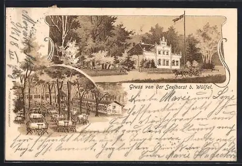 Lithographie Wülfel, Gasthof Seelhorst mit Kutsche