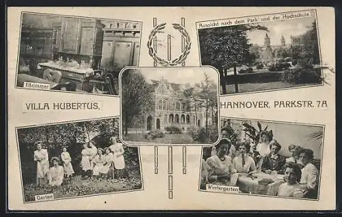 AK Hannover, Villa Hubertus, Parkstrasse 7a, Park und Hochschule, Garten, Wintergarten